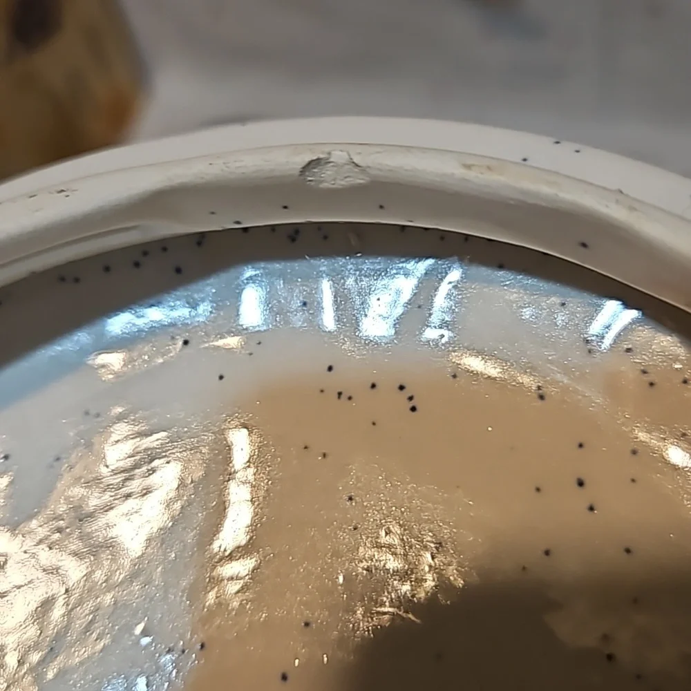Vintage Speckled Ceramic Blush Pink Flower Blue Ribbon Large Canister Jar w/Lid